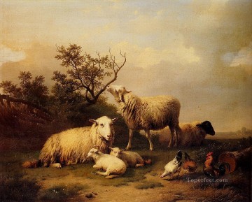 Bélgica Verboeckhoven Eugene ovejas con corderos y aves de corral descansando en un paisaje Pinturas al óleo
